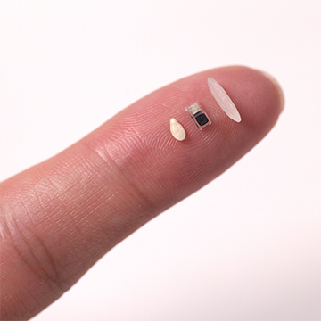 The world's smallest implantable pacemaker shown between a sesame seed and a grain of rice.